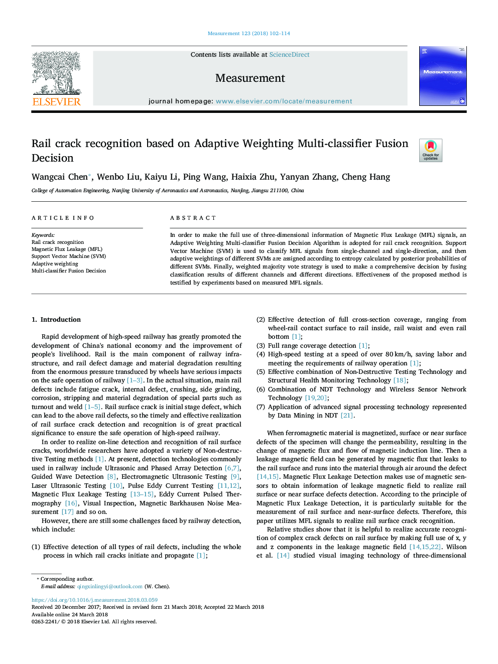 Rail crack recognition based on Adaptive Weighting Multi-classifier Fusion Decision