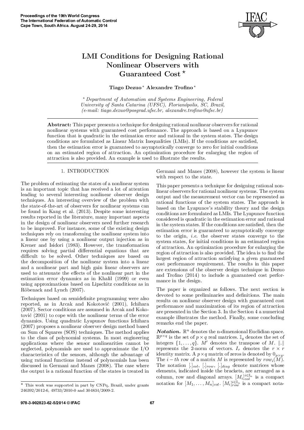 LMI Conditions for Designing Rational Nonlinear Observers with Guaranteed Cost 