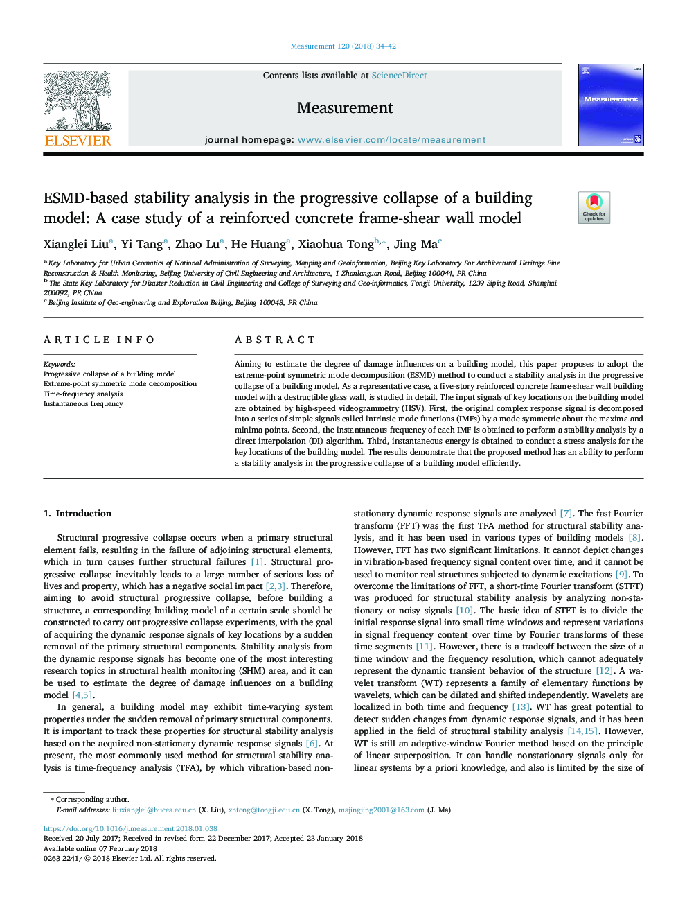 ESMD-based stability analysis in the progressive collapse of a building model: A case study of a reinforced concrete frame-shear wall model