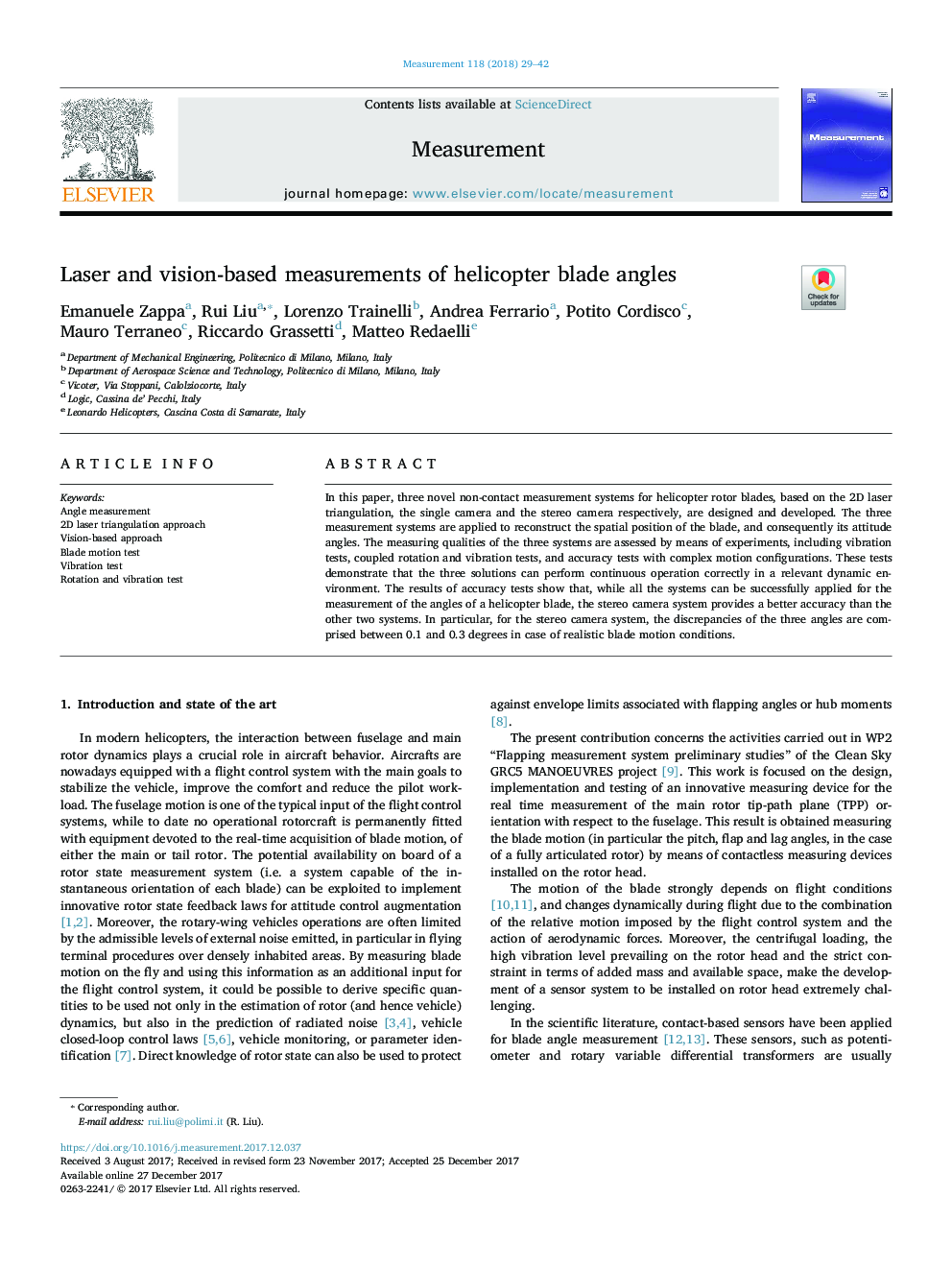 Laser and vision-based measurements of helicopter blade angles