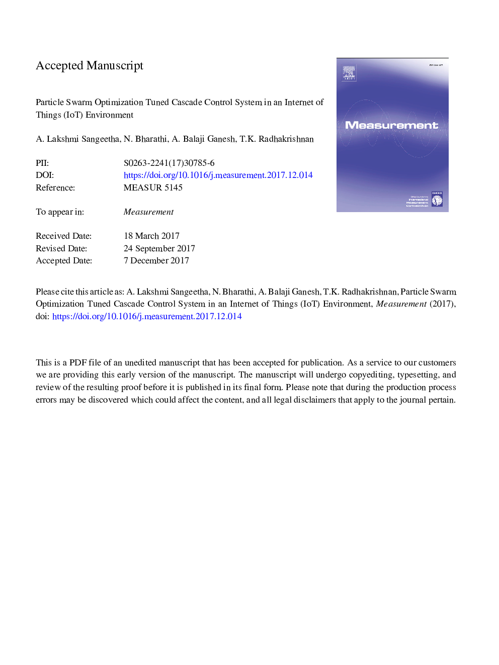 Particle swarm optimization tuned cascade control system in an Internet of Things (IoT) environment