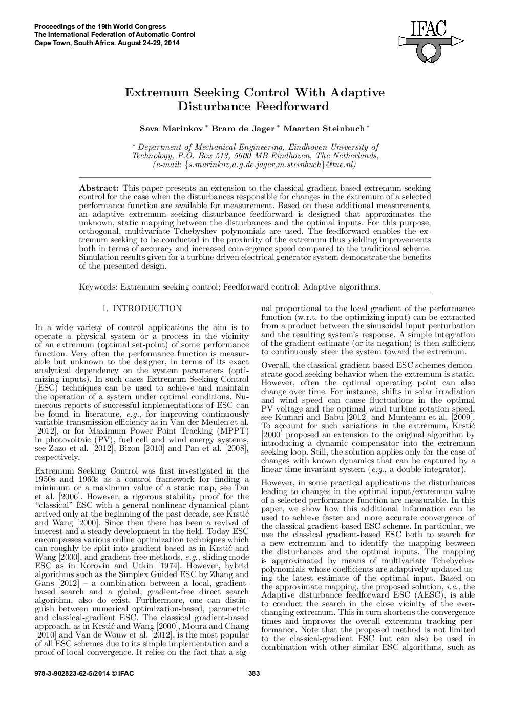 Extremum Seeking Control With Adaptive Disturbance Feedforward