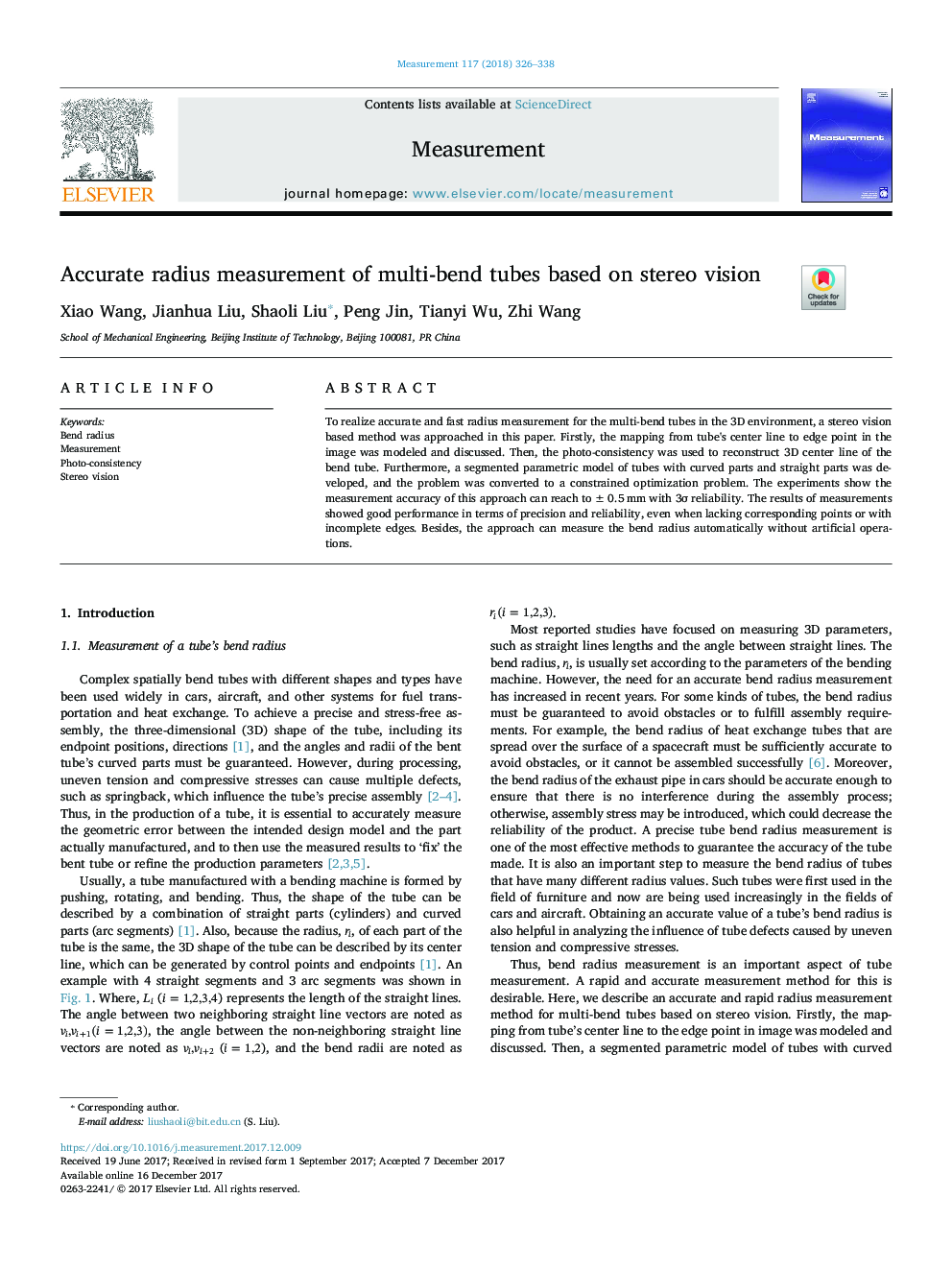 Accurate radius measurement of multi-bend tubes based on stereo vision