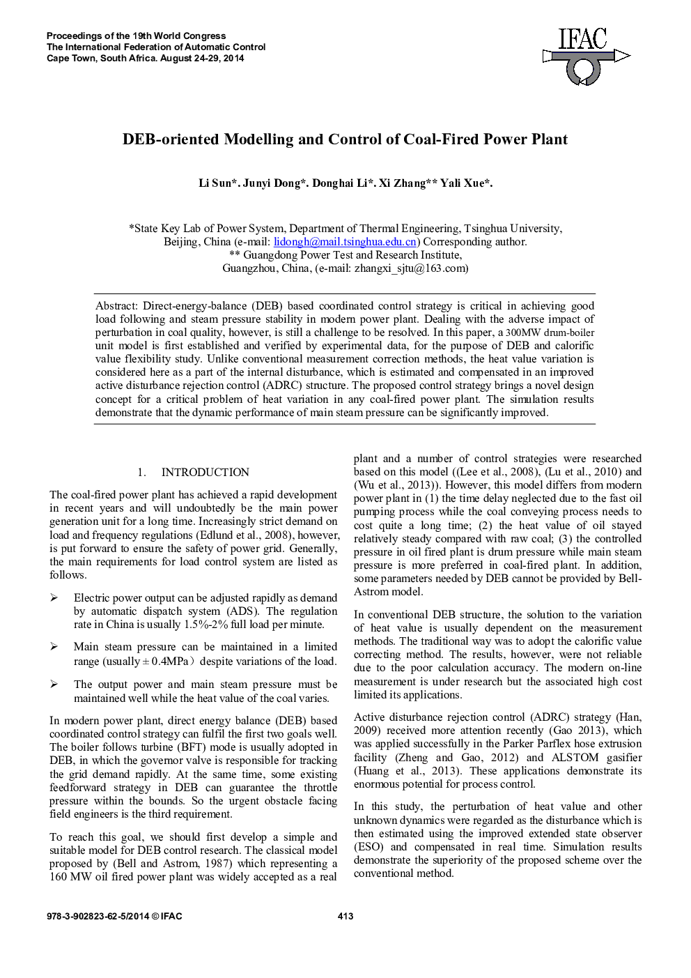 DEB-oriented Modelling and Control of Coal-Fired Power Plant