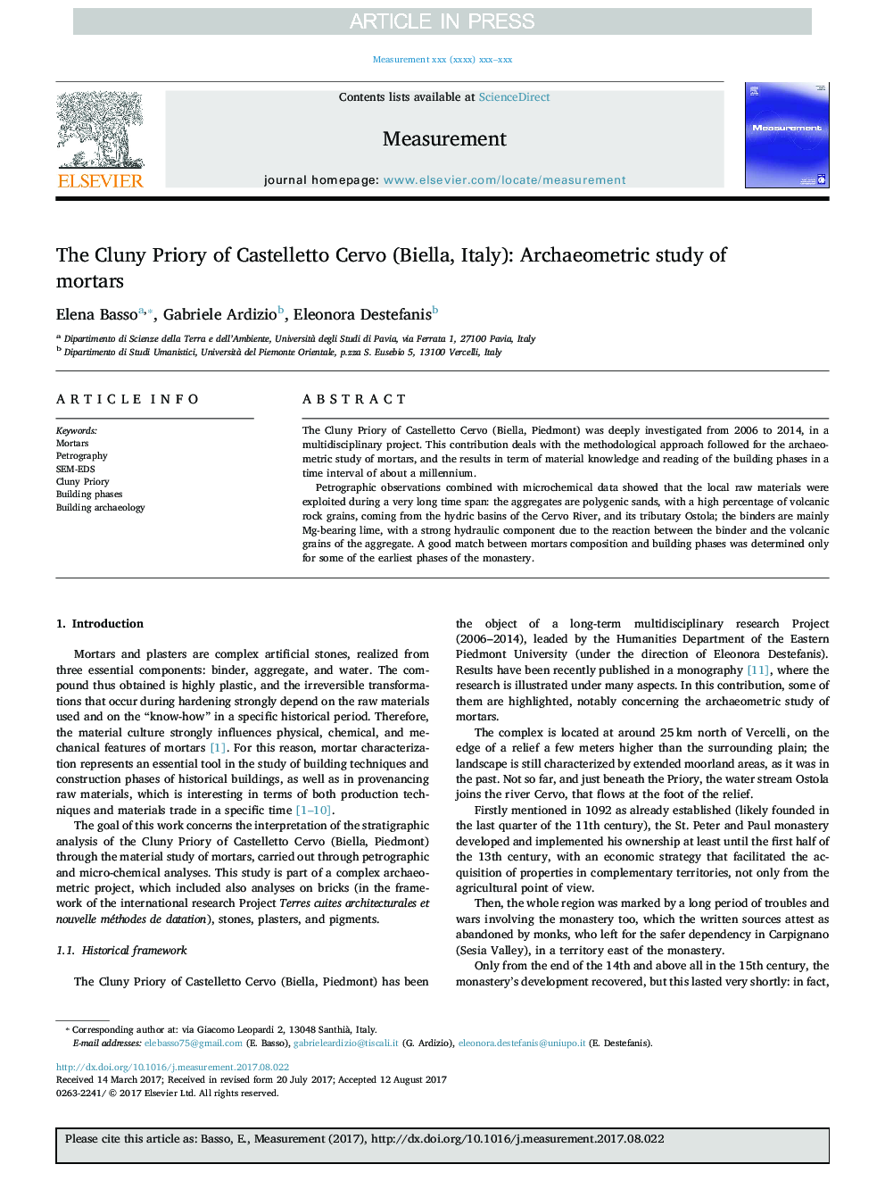 The Cluny Priory of Castelletto Cervo (Biella, Italy): Archaeometric study of mortars