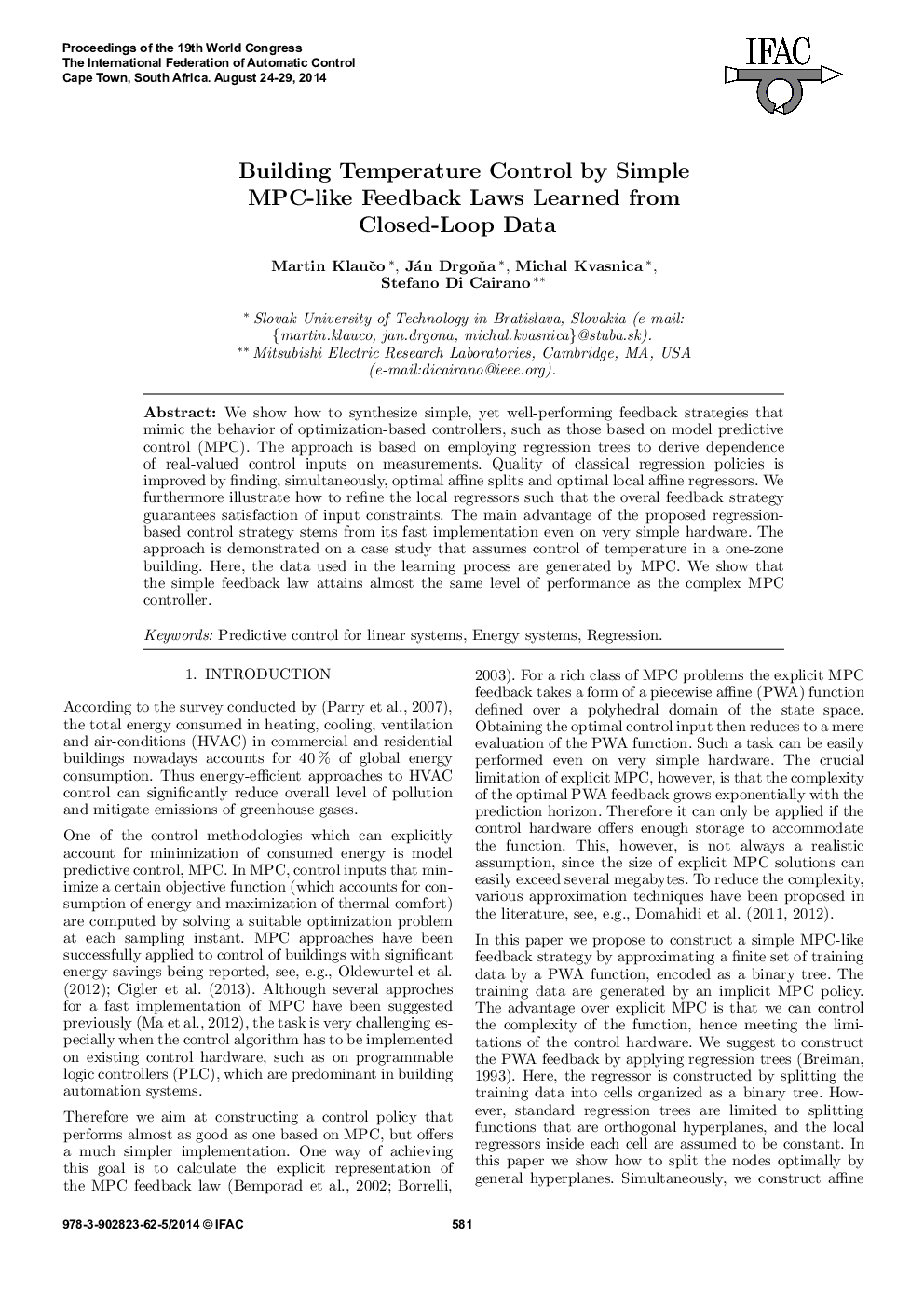 Building Temperature Control by Simple MPC-like Feedback Laws Learned from Closed-Loop Data