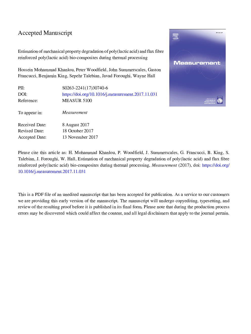 برآورد تخریب اموال مکانیکی زیست کامپوزیت پلی (اسید لاکتیک) تقویت شده پلی (اسید لاکتیک) و فیبر کتان در طول پردازش حرارتی 