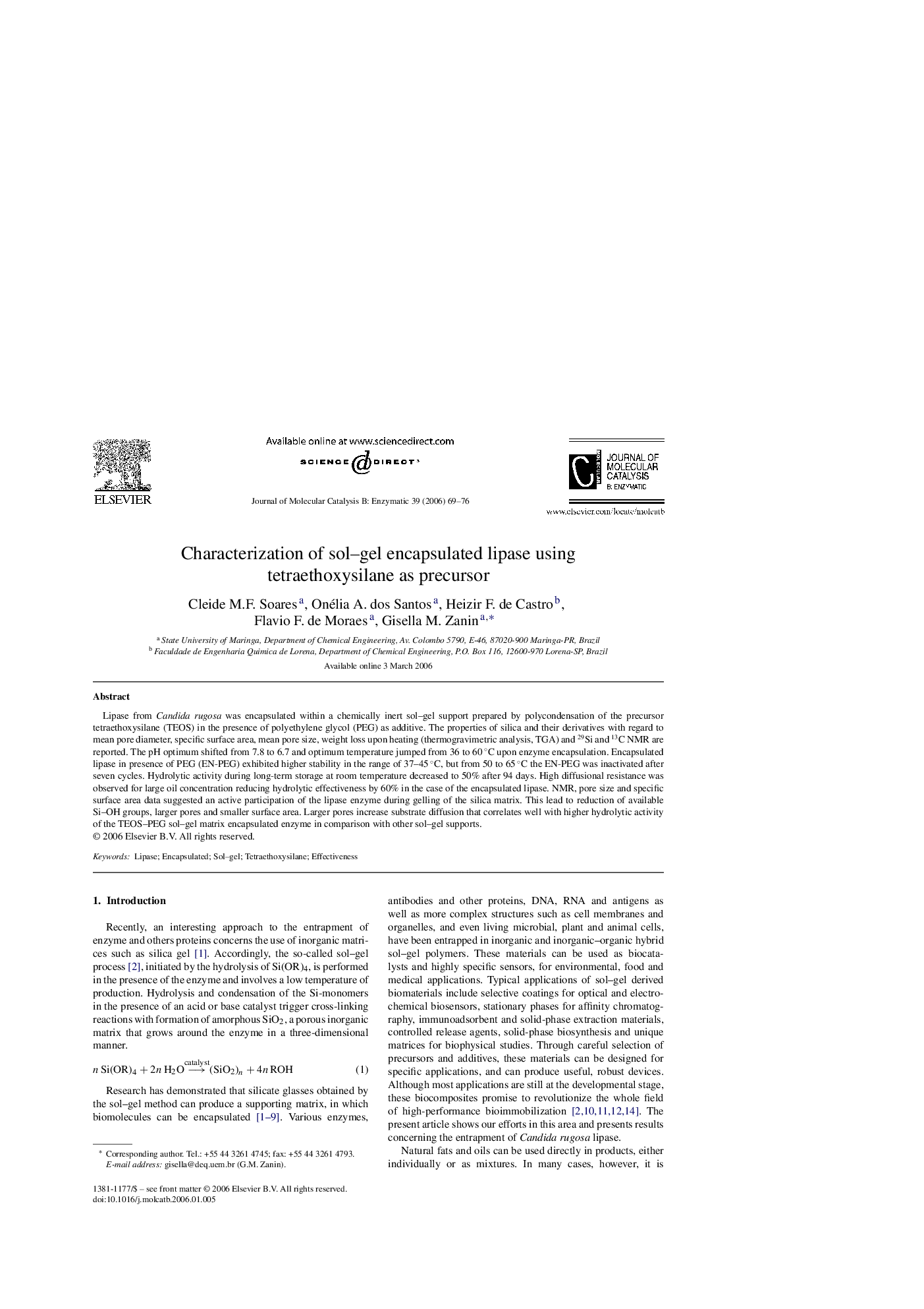 Characterization of sol–gel encapsulated lipase using tetraethoxysilane as precursor