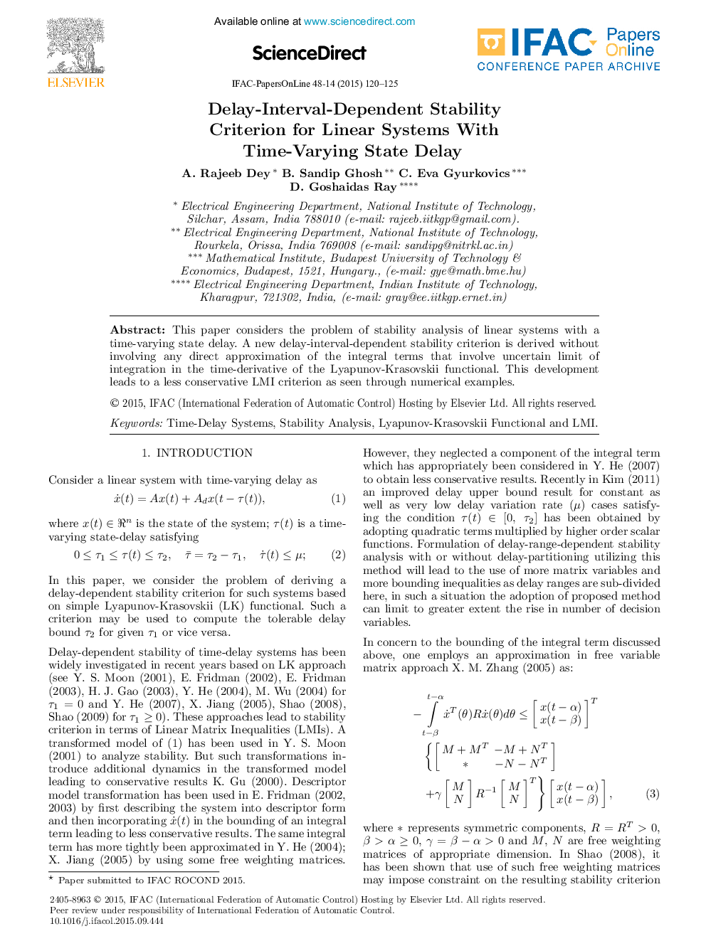 Delay-Interval-Dependent Stability Criterion for Linear Systems With Time-Varying State Delay