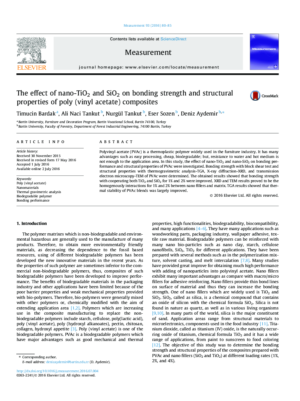 The effect of nano-TiO2 and SiO2 on bonding strength and structural properties of poly (vinyl acetate) composites