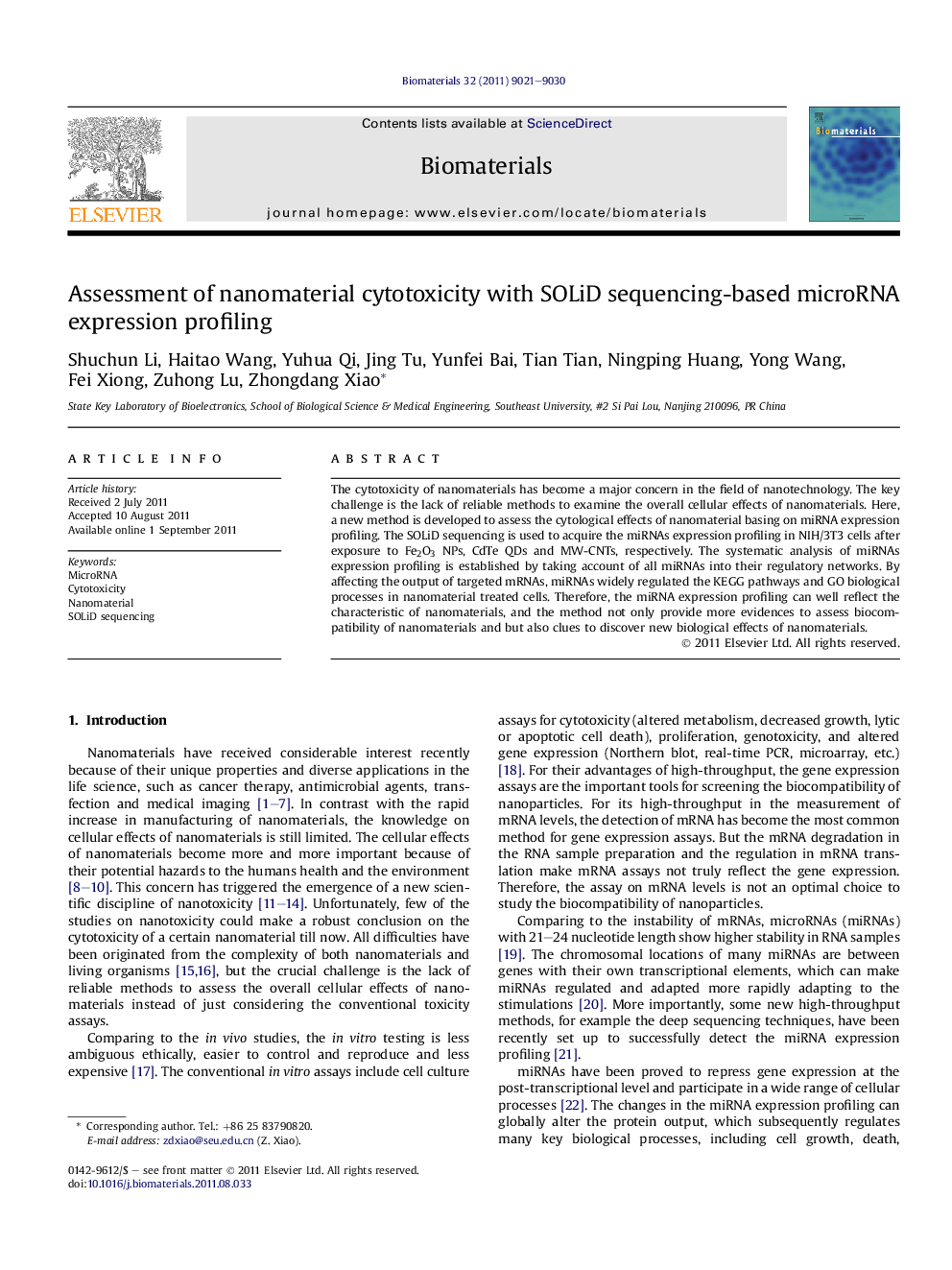 Assessment of nanomaterial cytotoxicity with SOLiD sequencing-based microRNA expression profiling