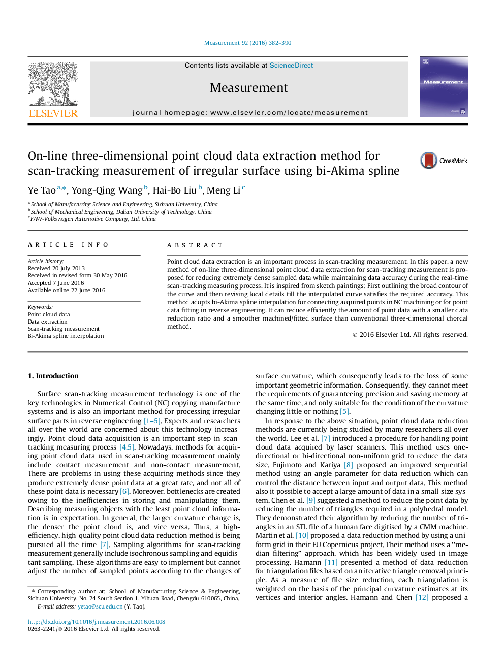 On-line three-dimensional point cloud data extraction method for scan-tracking measurement of irregular surface using bi-Akima spline