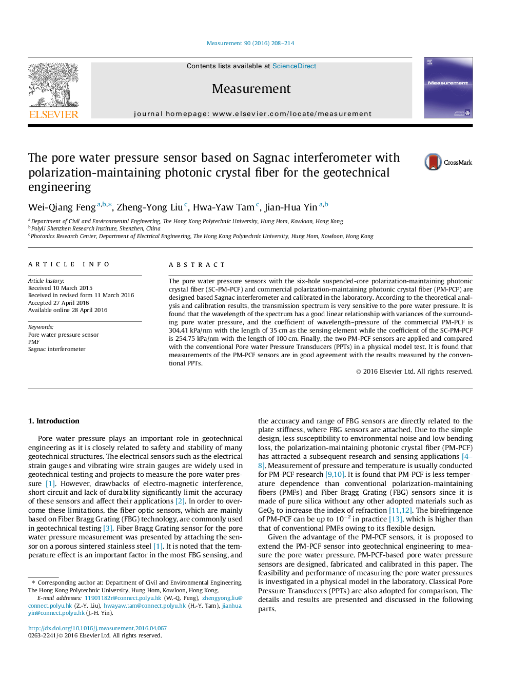 The pore water pressure sensor based on Sagnac interferometer with polarization-maintaining photonic crystal fiber for the geotechnical engineering