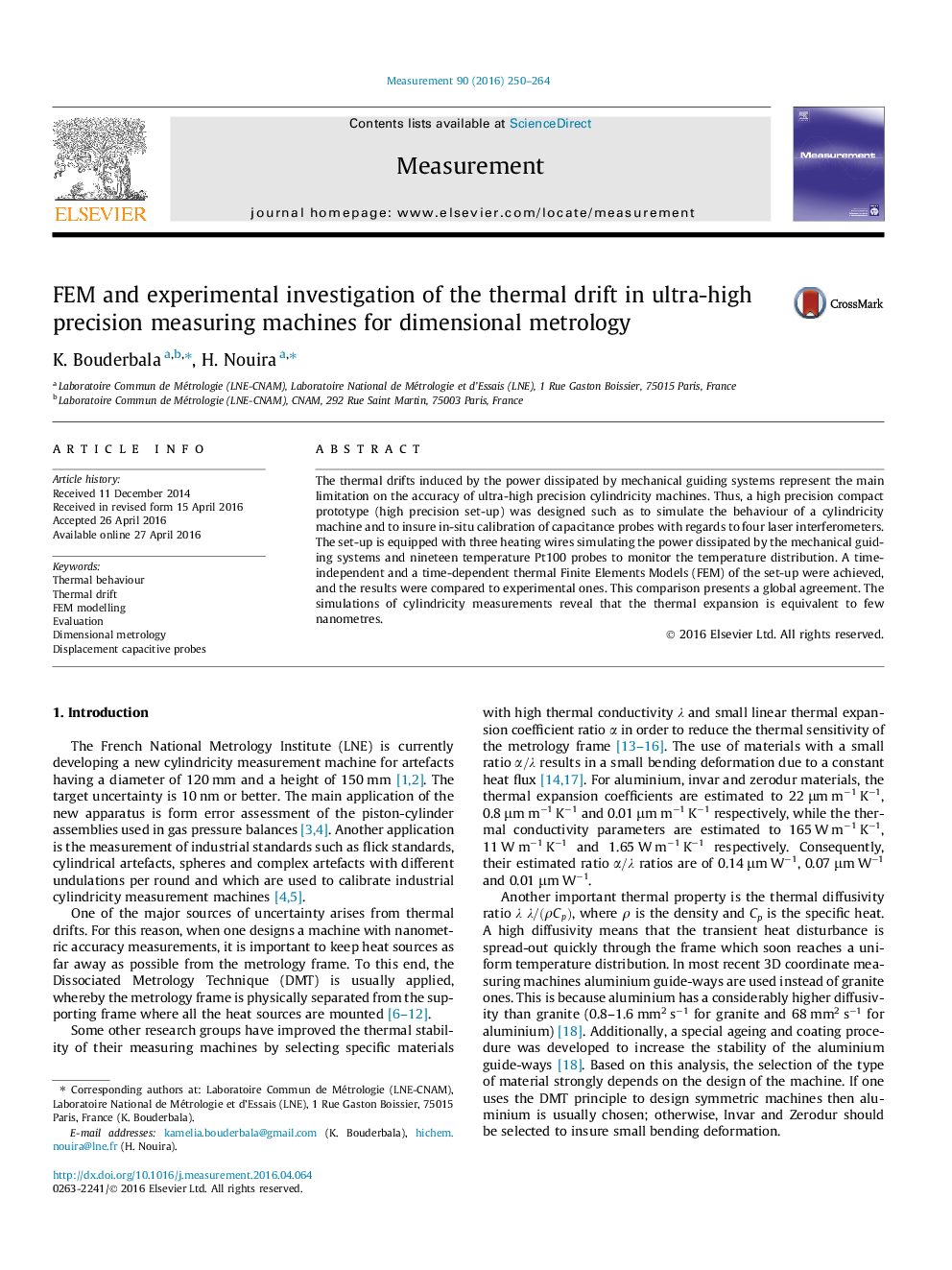 FEM and experimental investigation of the thermal drift in ultra-high precision measuring machines for dimensional metrology