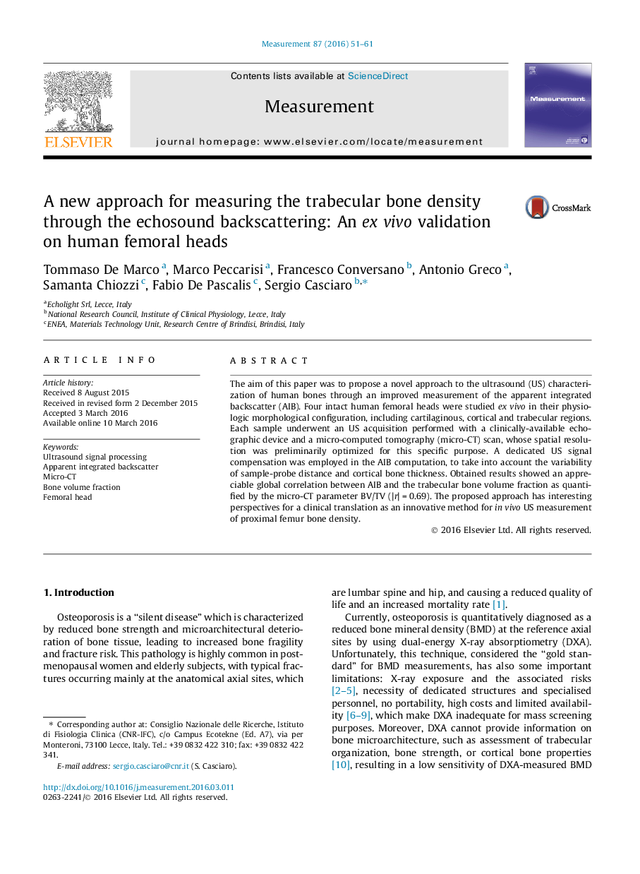 A new approach for measuring the trabecular bone density through the echosound backscattering: An ex vivo validation on human femoral heads