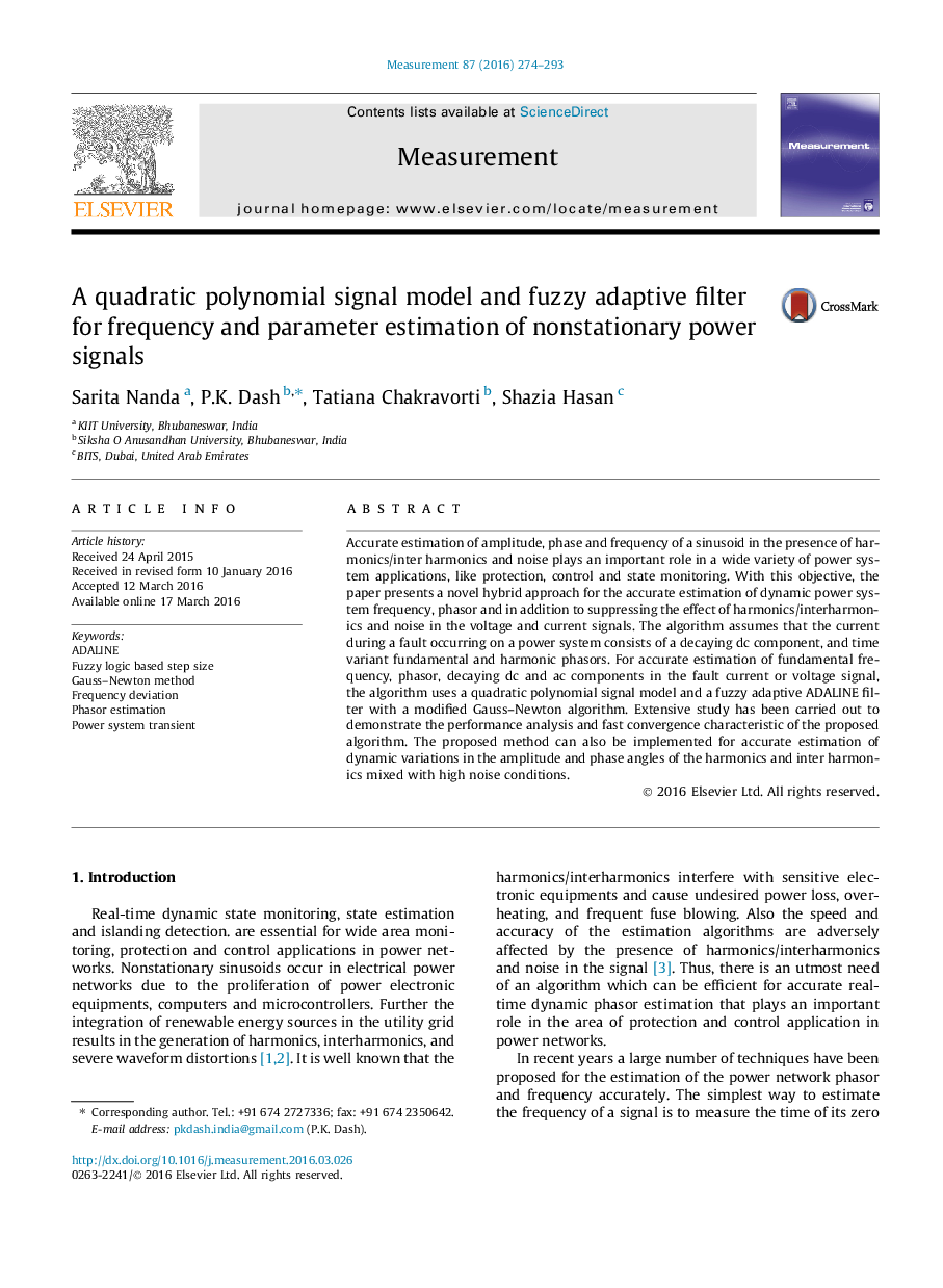 A quadratic polynomial signal model and fuzzy adaptive filter for frequency and parameter estimation of nonstationary power signals