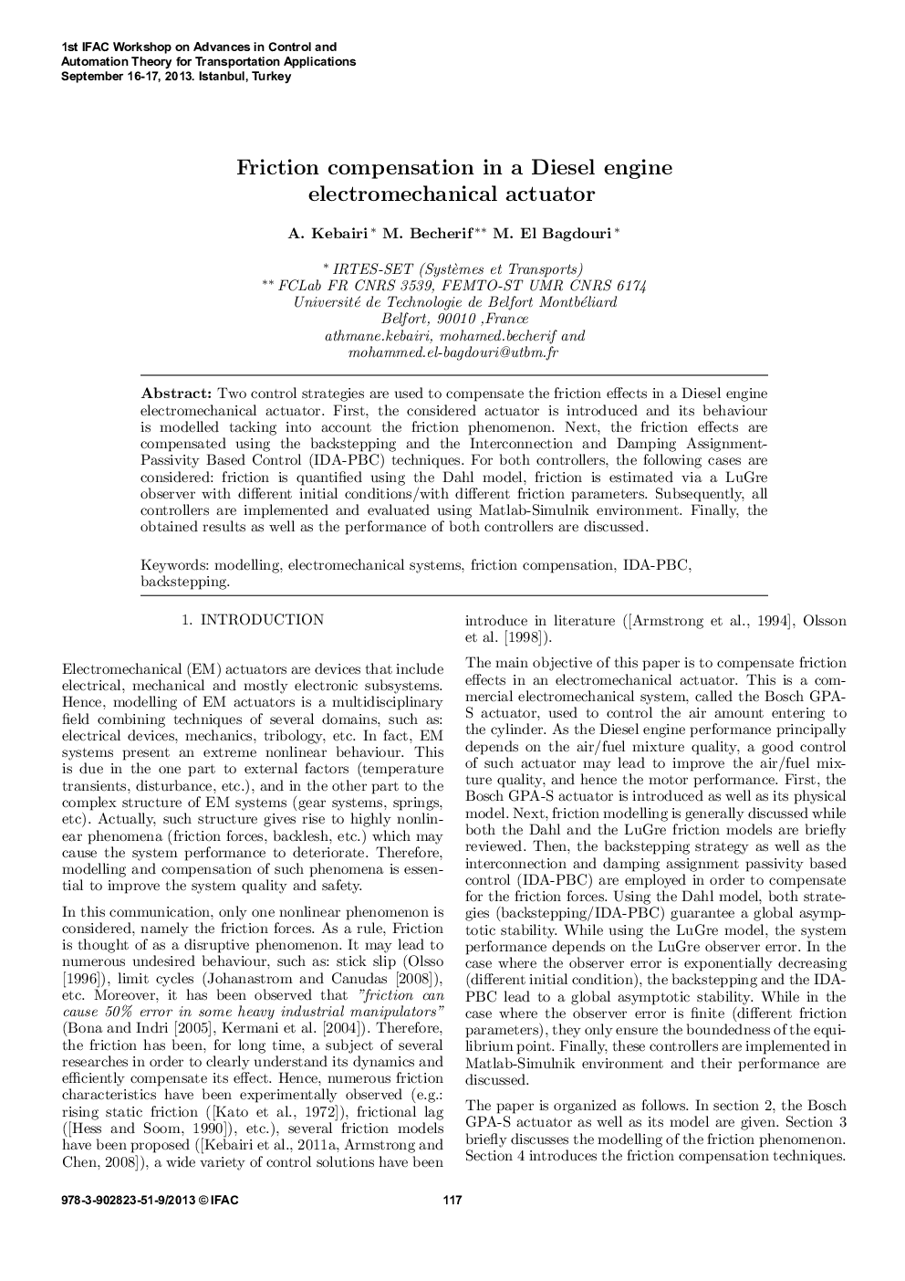 Friction compensation in a Diesel engine electromechanical actuator