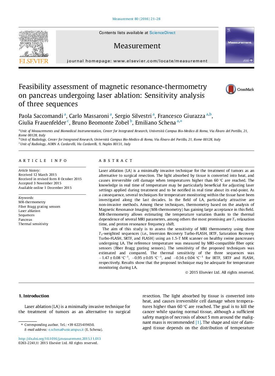 Feasibility assessment of magnetic resonance-thermometry on pancreas undergoing laser ablation: Sensitivity analysis of three sequences