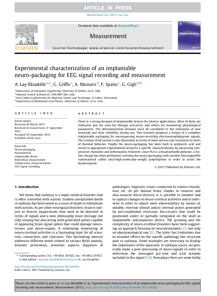 Experimental characterization of an implantable neuro-packaging for EEG signal recording and measurement