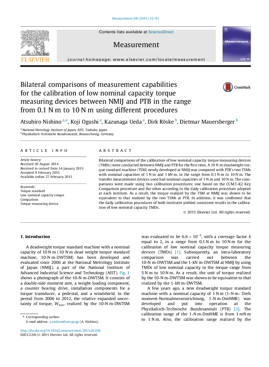 Bilateral comparisons of measurement capabilities for the calibration of low nominal capacity torque measuring devices between NMIJ and PTB in the range from 0.1Â NÂ m to 10Â NÂ m using different procedures