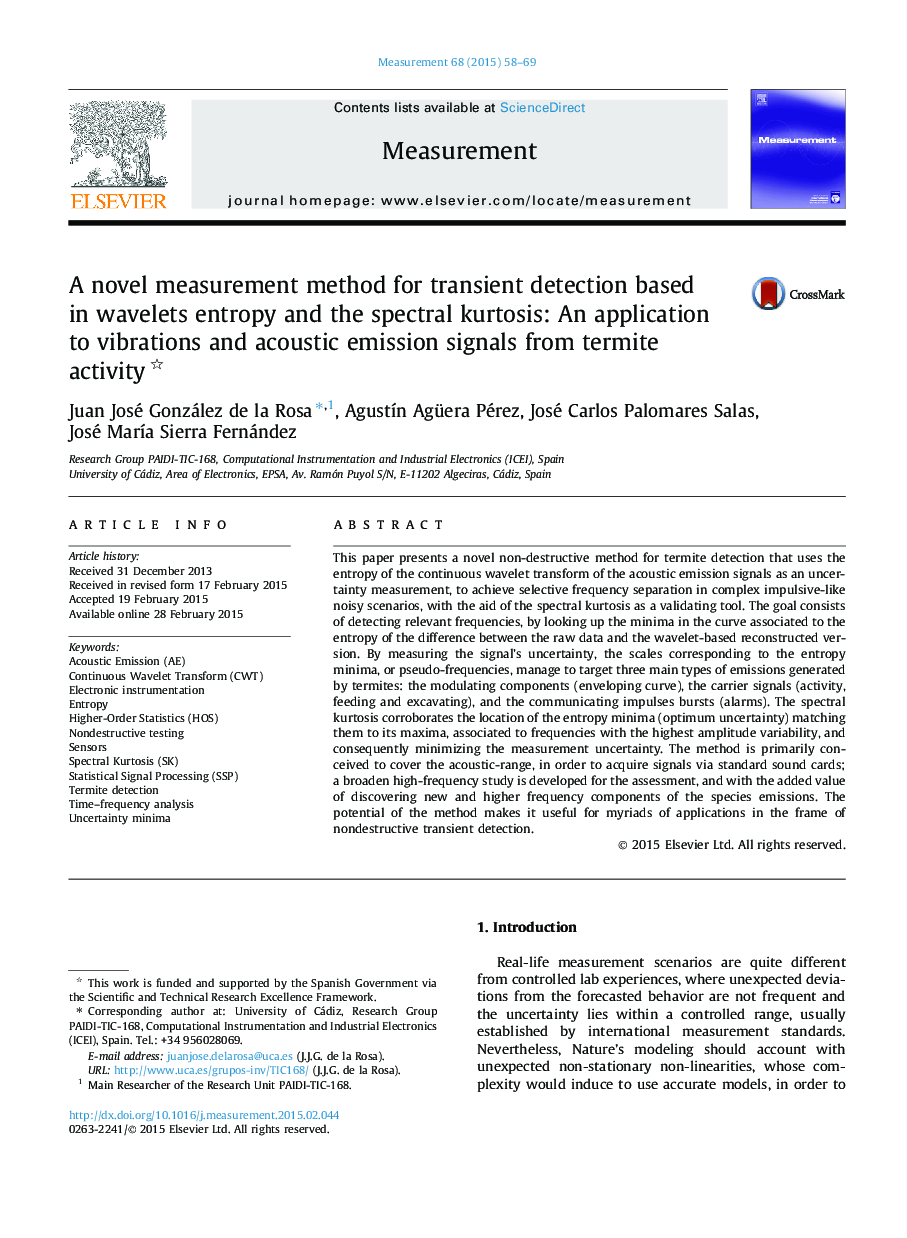 A novel measurement method for transient detection based in wavelets entropy and the spectral kurtosis: An application to vibrations and acoustic emission signals from termite activity