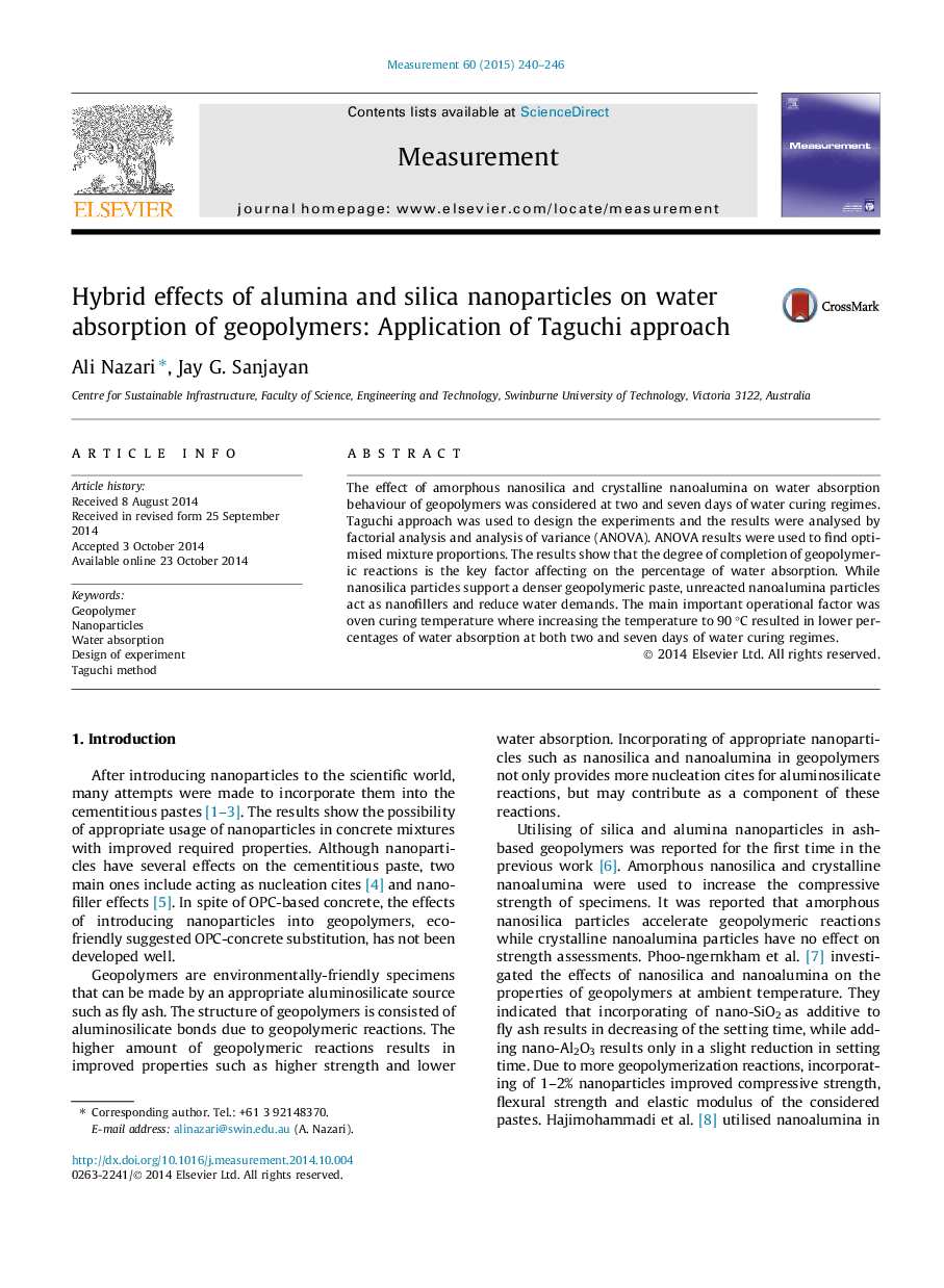 Hybrid effects of alumina and silica nanoparticles on water absorption of geopolymers: Application of Taguchi approach