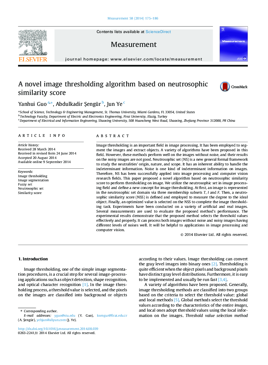 A novel image thresholding algorithm based on neutrosophic similarity score