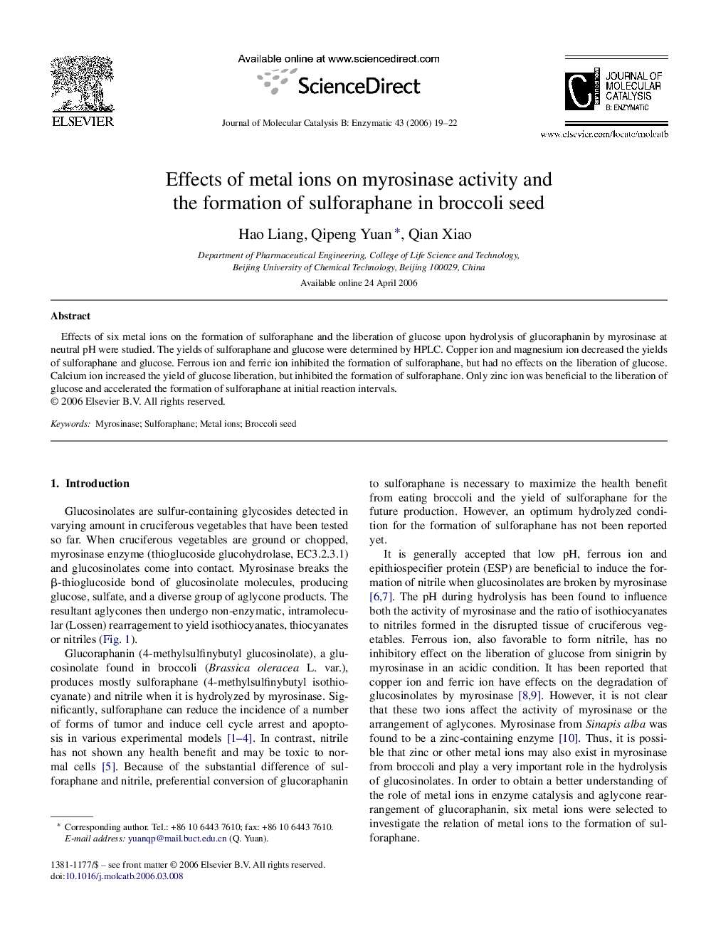 عکس صفحه اول مقاله: Effects of metal ions on myrosinase activity and the formation of sulforaphane in broccoli seed Effects of metal ions on myrosinase activity and the formation of sulforaphane in broccoli seed