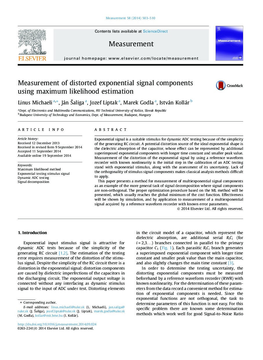 Measurement of distorted exponential signal components using maximum likelihood estimation