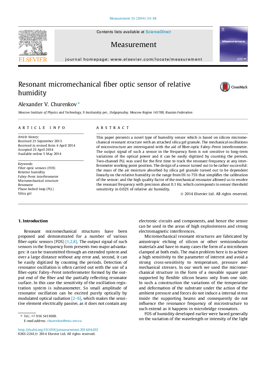 Resonant micromechanical fiber optic sensor of relative humidity