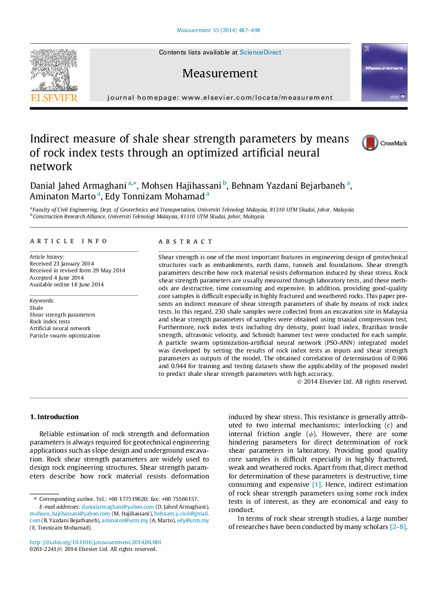 اندازه گیری غیرمستقیم پارامترهای مقاومت برشی شیل با استفاده از آزمون های شاخص سنگ توسط یک شبکه عصبی مصنوعی بهینه سازی شده 