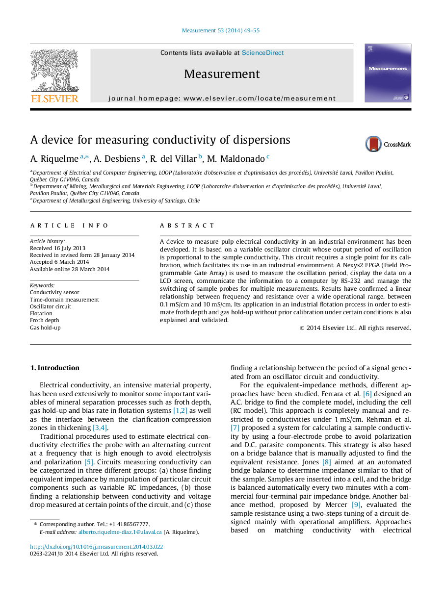 A device for measuring conductivity of dispersions