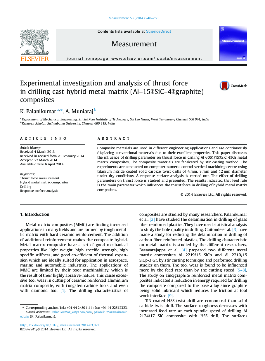 Experimental investigation and analysis of thrust force in drilling cast hybrid metal matrix (Al-15%SiC-4%graphite) composites