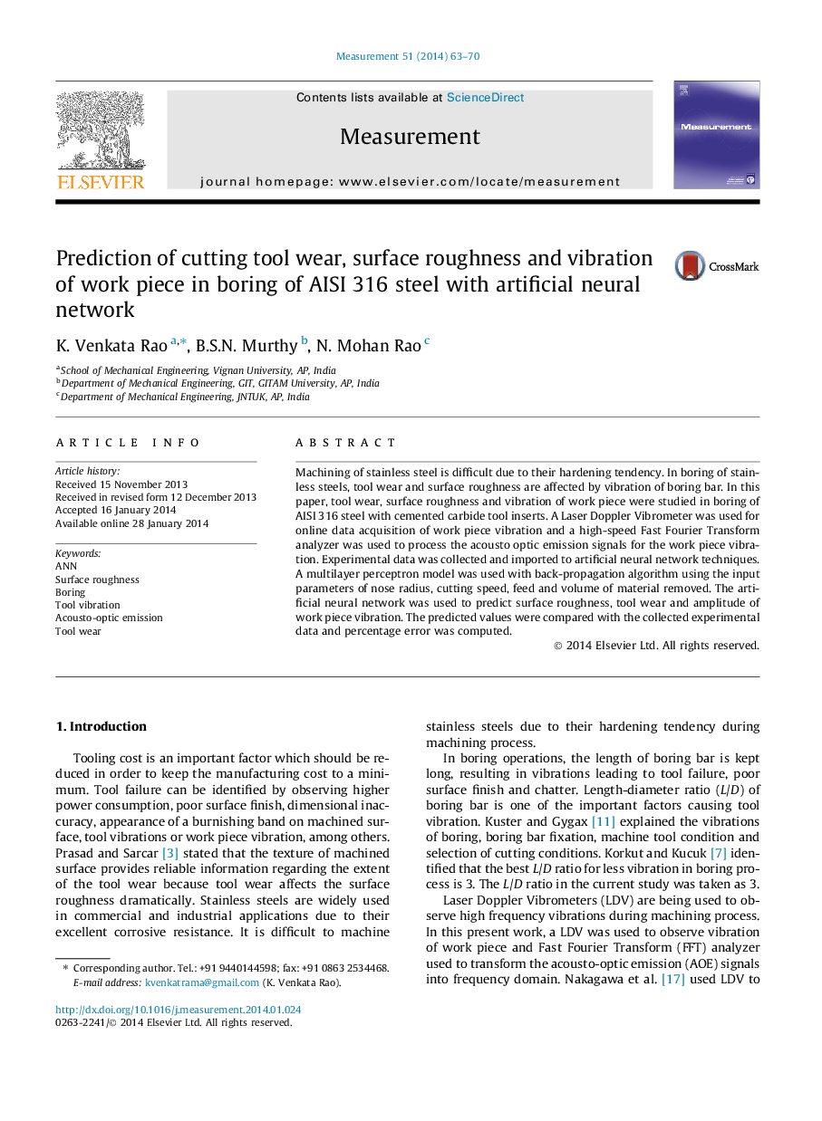 Prediction of cutting tool wear, surface roughness and vibration of work piece in boring of AISI 316 steel with artificial neural network