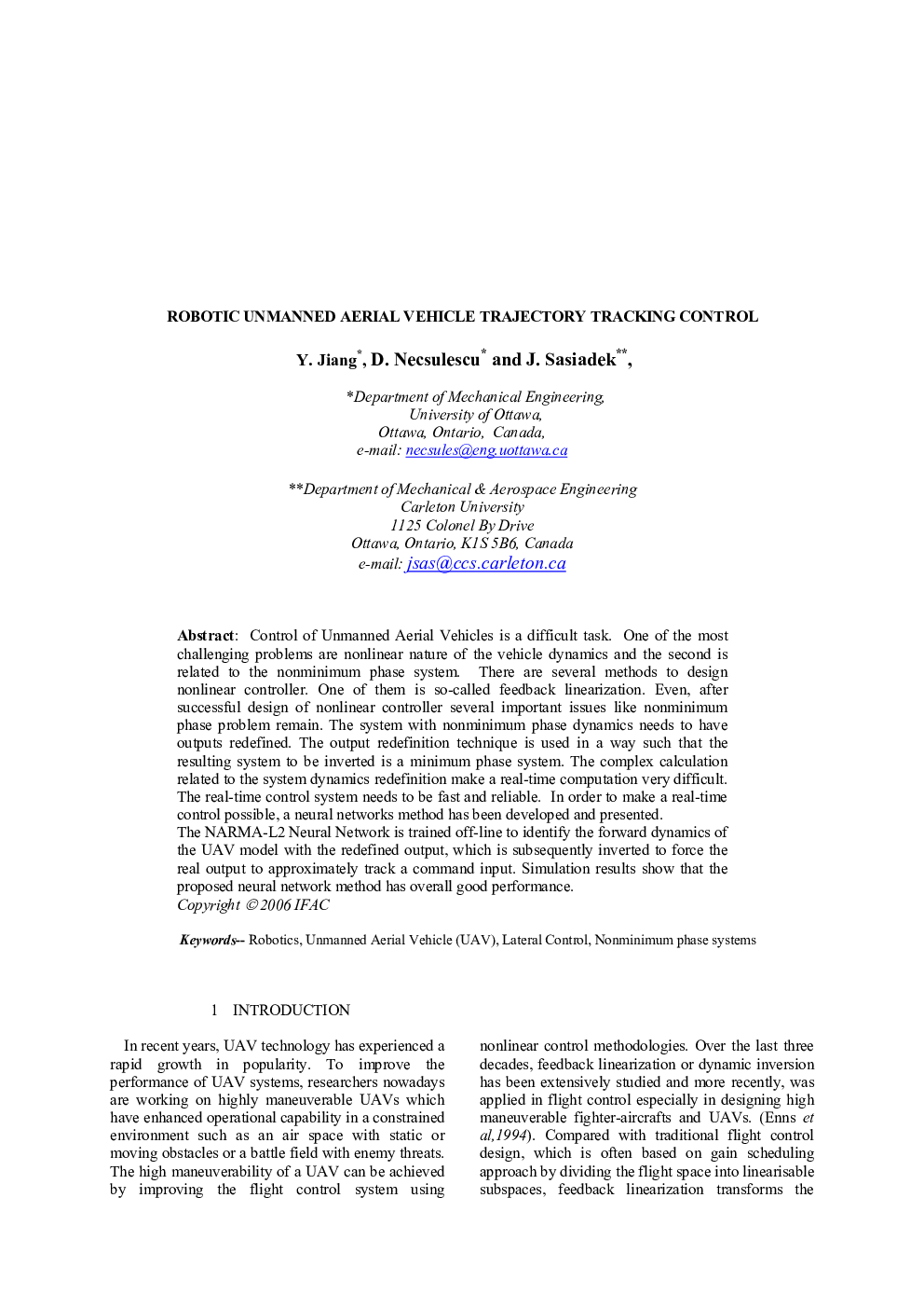 ROBOTIC UNMANNED AERIAL VEHICLE TRAJECTORY TRACKING CONTROL