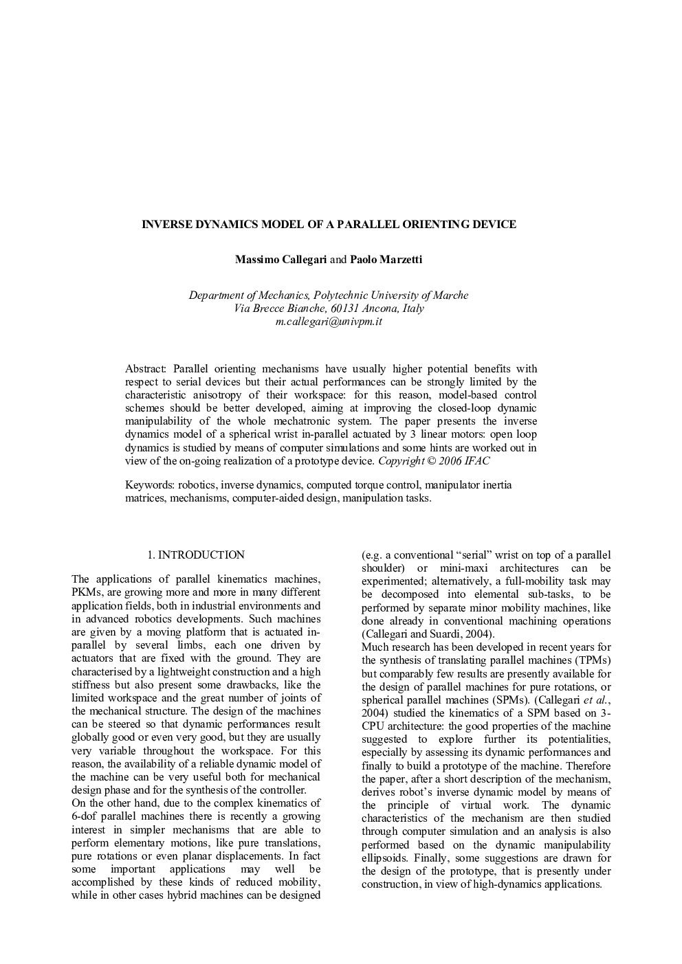 INVERSE DYNAMICS MODEL OF A PARALLEL ORIENTING DEVICE