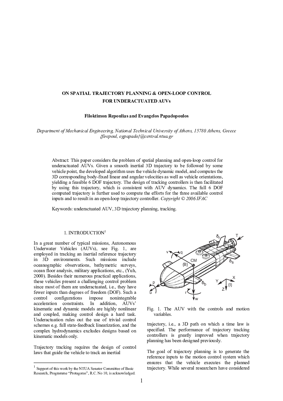 ON SPATIAL TRAJECTORY PLANNING & OPEN-LOOP CONTROL FOR UNDERACTUATED AUVs