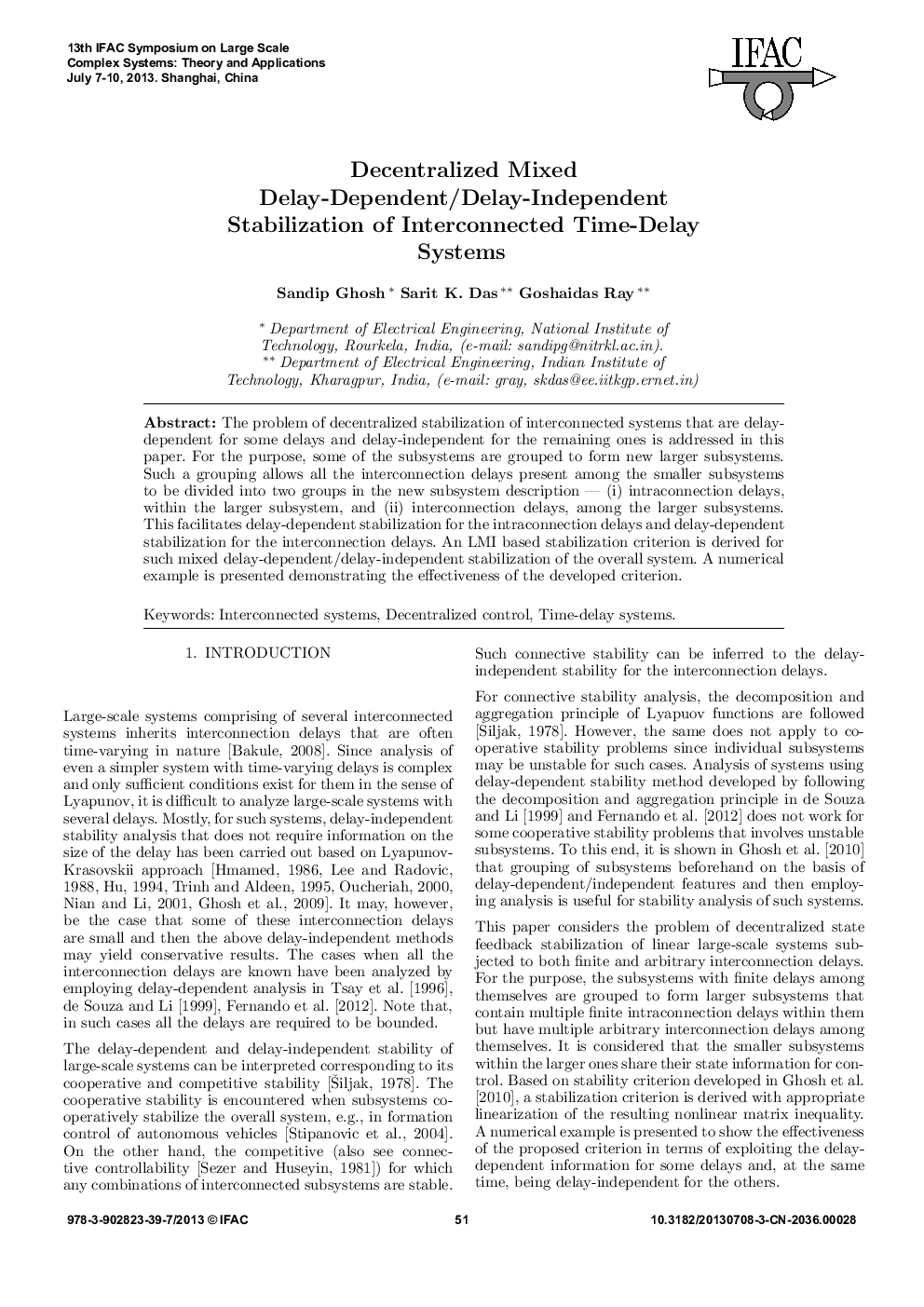 Decentralized Mixed Delay-Dependent/Delay-Independent Stabilization of Interconnected Time-Delay Systems