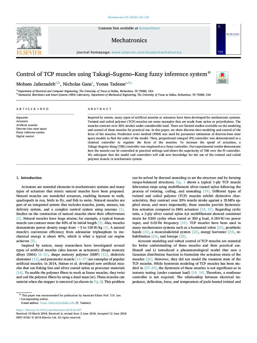 Control of TCP muscles using Takagi-Sugeno-Kang fuzzy inference system