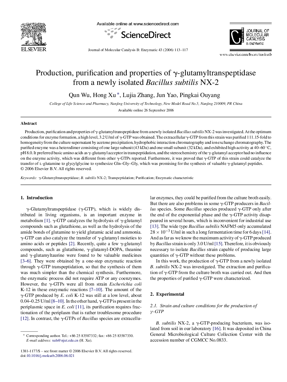 Production, purification and properties of γ-glutamyltranspeptidase from a newly isolated Bacillus subtilis NX-2