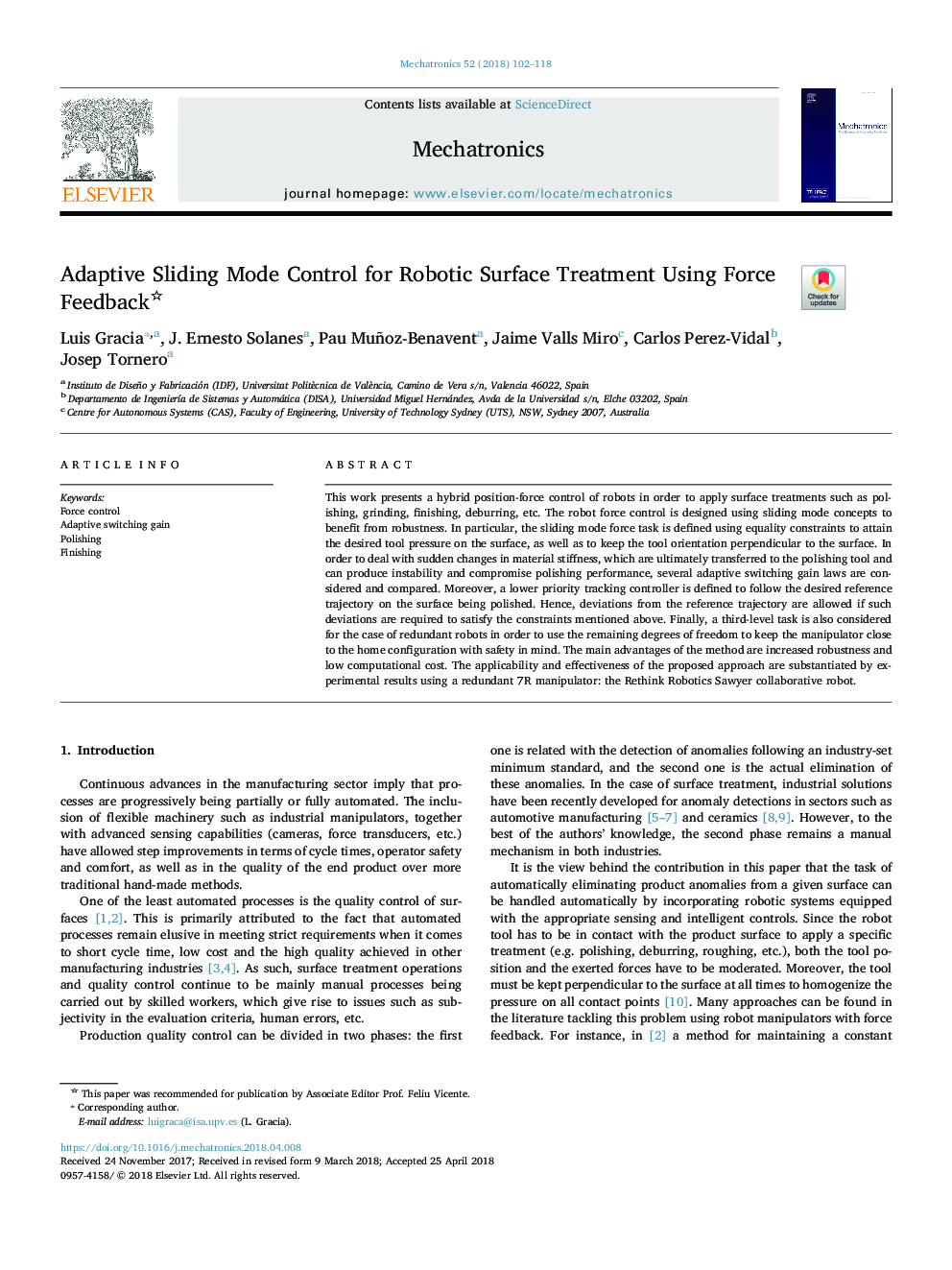 Adaptive Sliding Mode Control for Robotic Surface Treatment Using Force Feedback