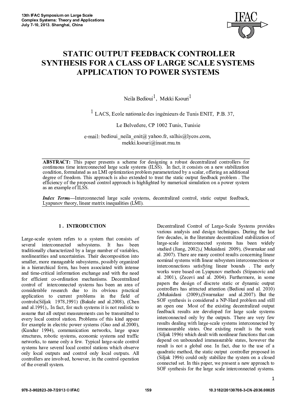 STATIC OUTPUT FEEDBACK CONTROLLER SYNTHESIS FOR A CLASS OF LARGE SCALE SYSTEMS APPLICATION TO POWER SYSTEMS