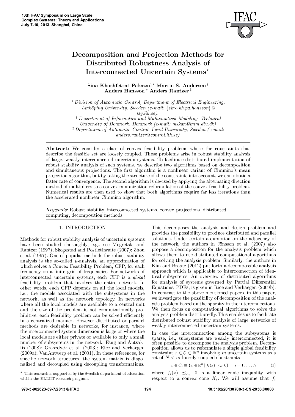 Decomposition and Projection Methods for Distributed Robustness Analysis of Interconnected Uncertain Systems* 