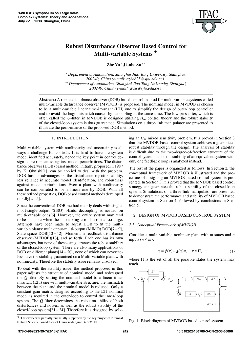 Robust Disturbance Observer Based Control for Multi-variable Systems* 