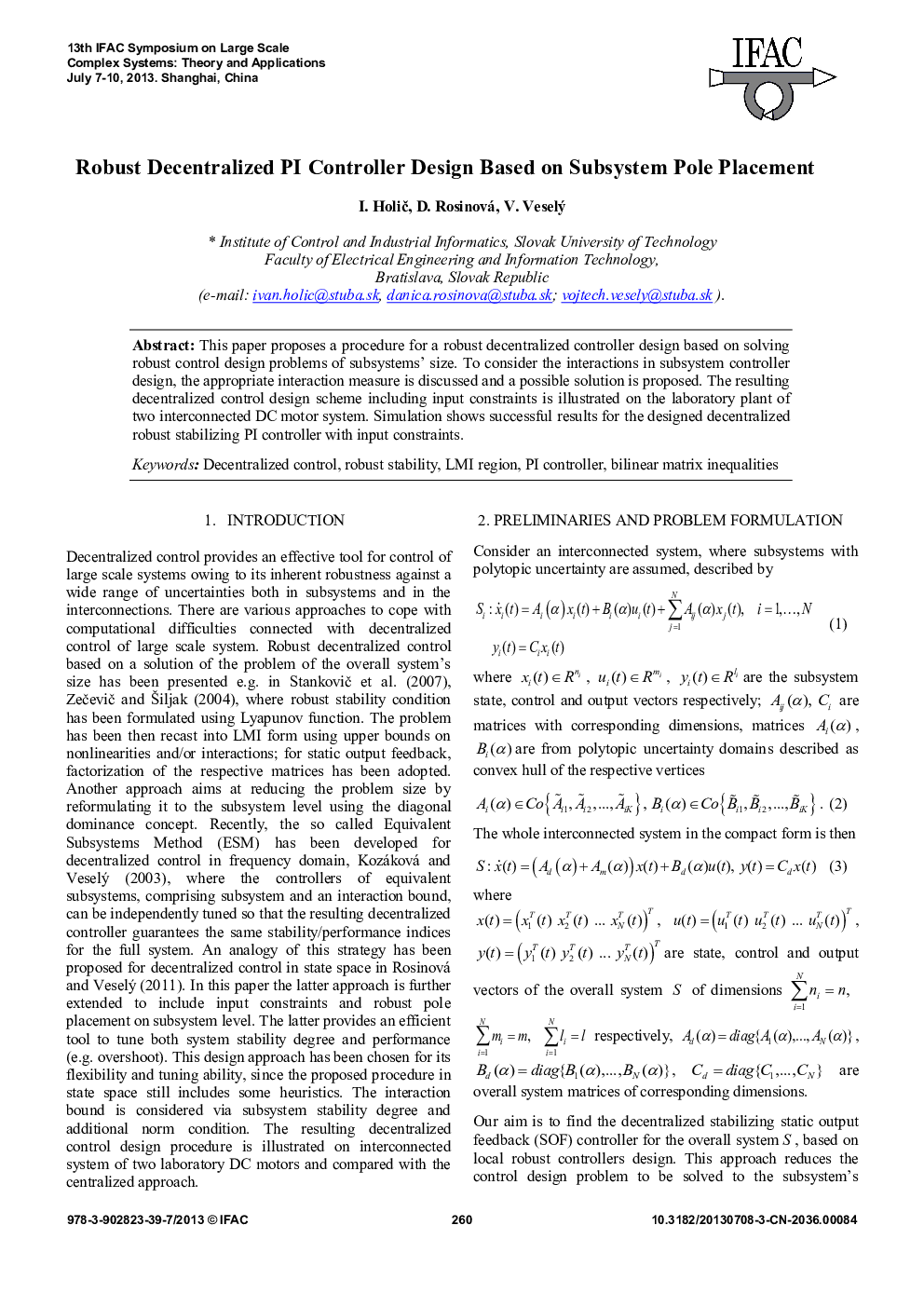 عکس صفحه اول مقاله: Robust Decentralized PI Controller Design Based on Subsystem Pole Placement Robust Decentralized PI Controller Design Based on Subsystem Pole Placement