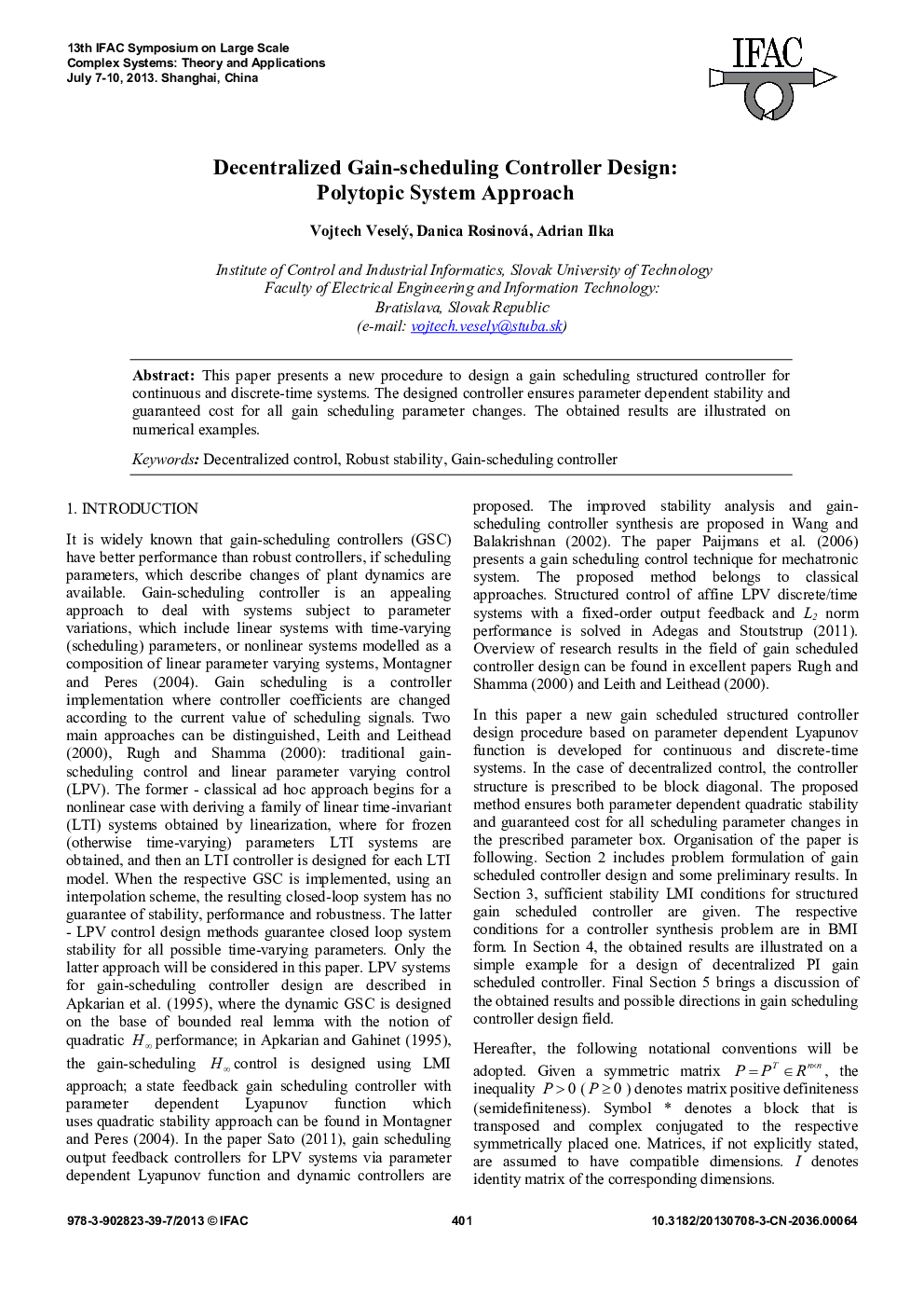 عکس صفحه اول مقاله: Decentralized Gain-scheduling Controller Design: Polytopic System Approach Decentralized Gain-scheduling Controller Design: Polytopic System Approach