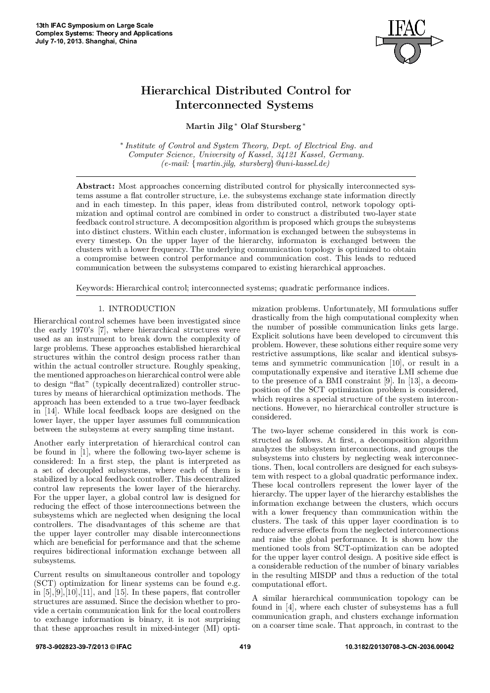 Hierarchical Distributed Control for Interconnected Systems