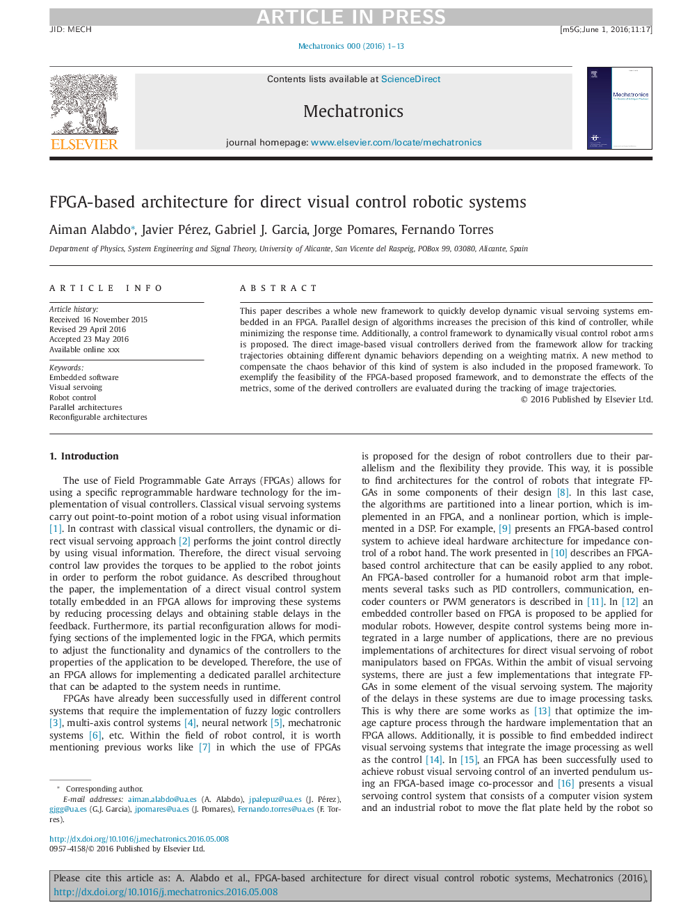 FPGA-based architecture for direct visual control robotic systems