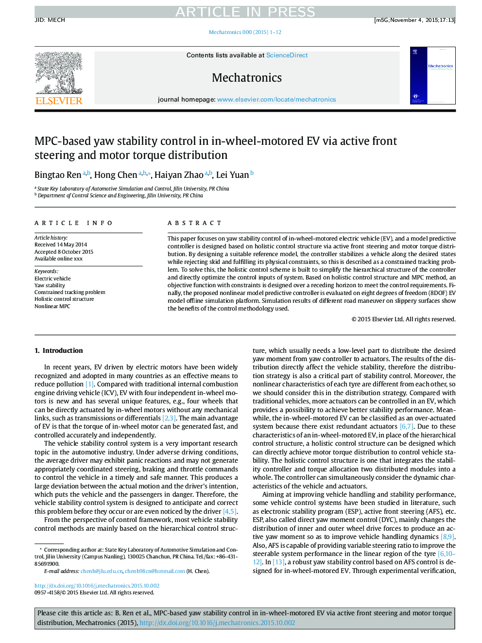 MPC-based yaw stability control in in-wheel-motored EV via active front steering and motor torque distribution