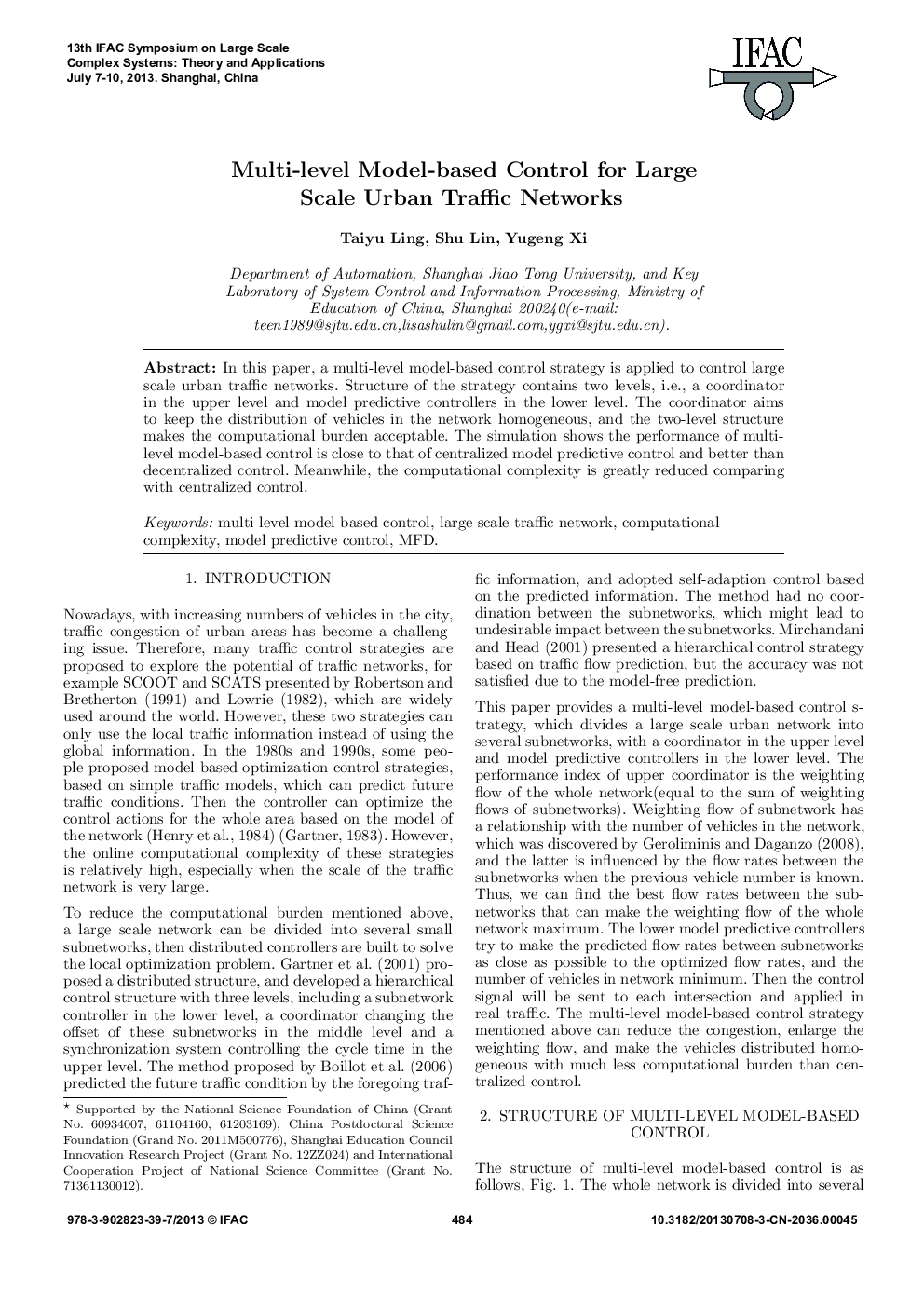 Multi-level Model-based Control for Large Scale Urban Traffic Networks 